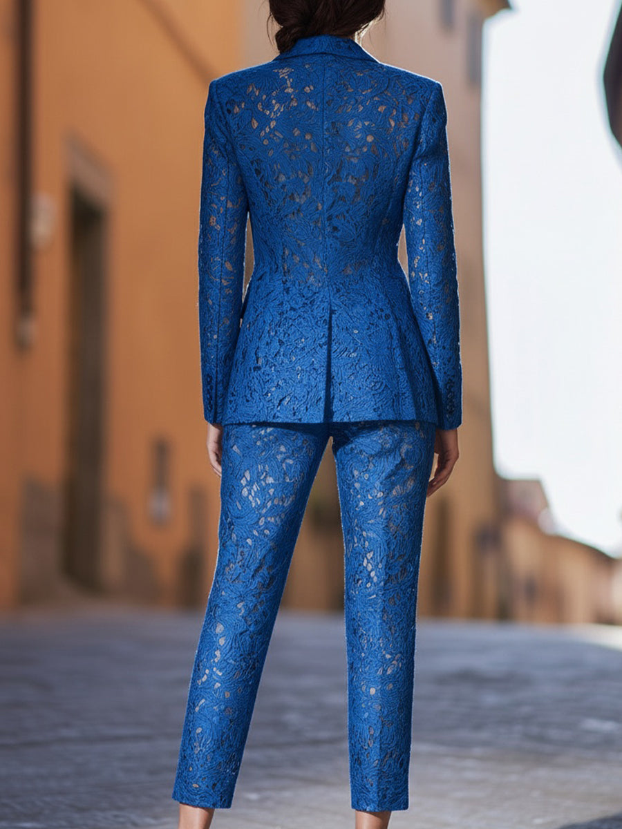 Chic Royal Blue Lace Tailored Suit Set | Elegant Women's Dress