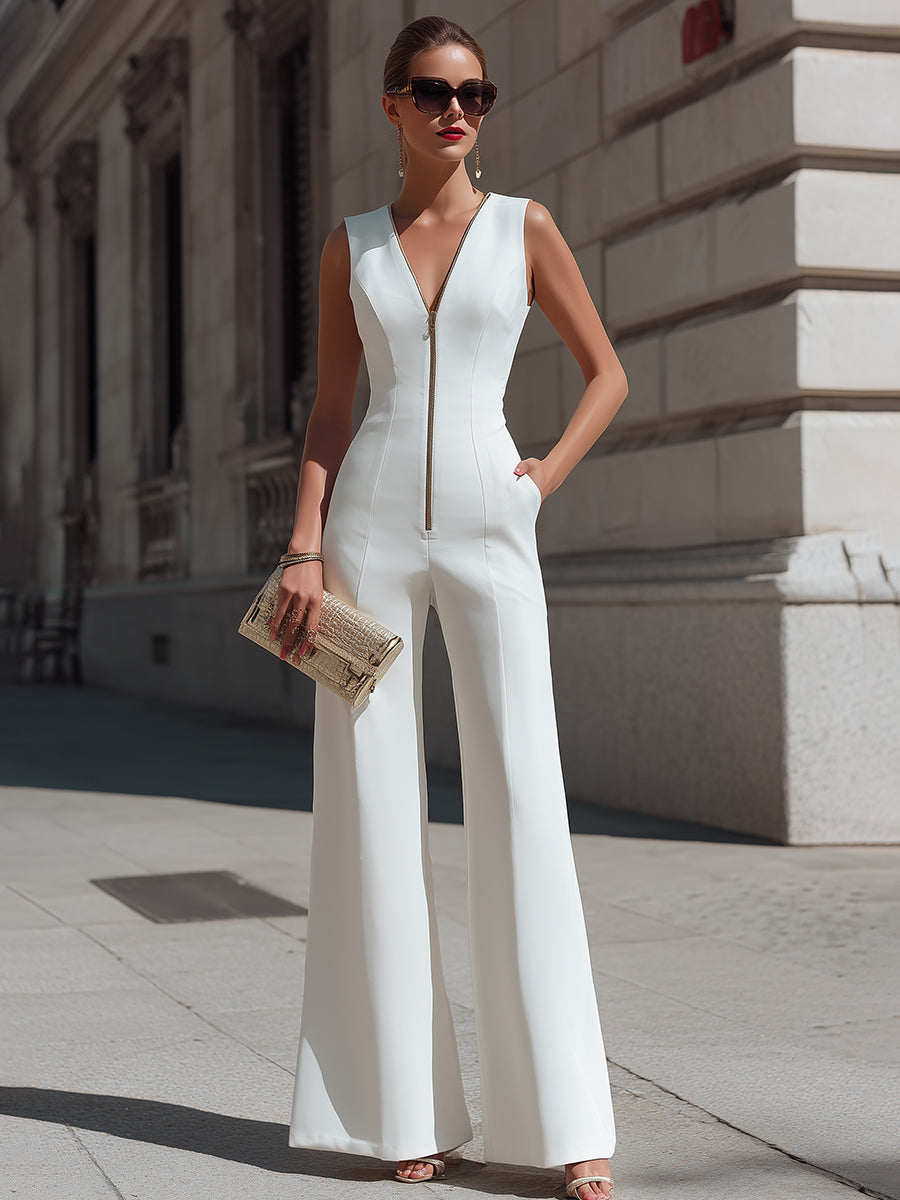 Sleeveless Deep V-Neck Tailored Wide-Leg Jumpsuit | Elegant Women's Dress
