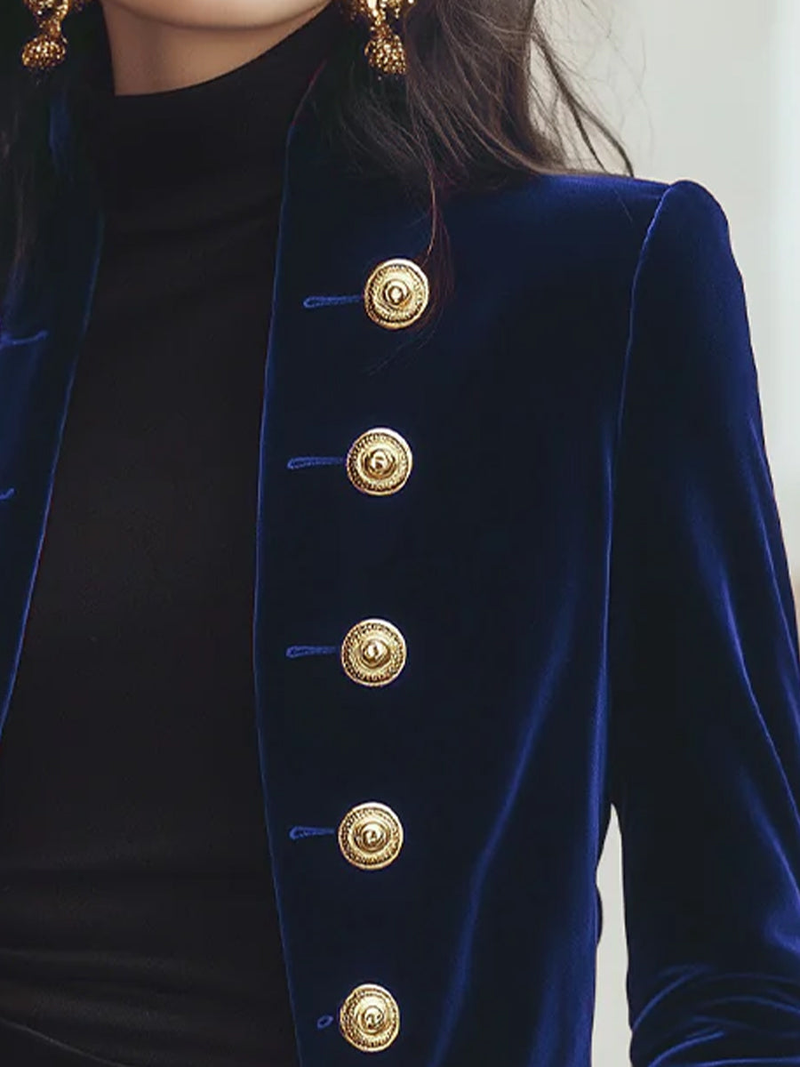 Chic Velvet Jacket with Bold Gold Accents | Elegant Women's Dress