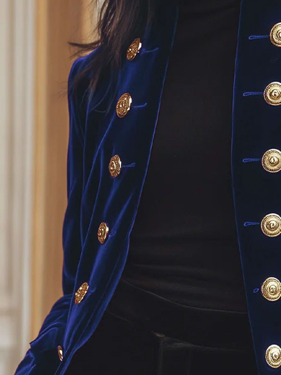Chic Velvet Jacket with Bold Gold Accents | Elegant Women's Dress