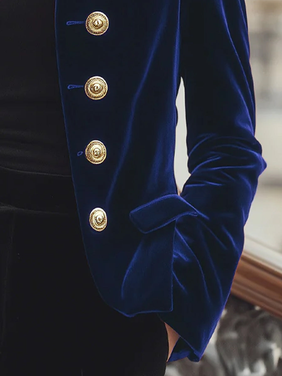 Chic Velvet Jacket with Bold Gold Accents | Elegant Women's Dress
