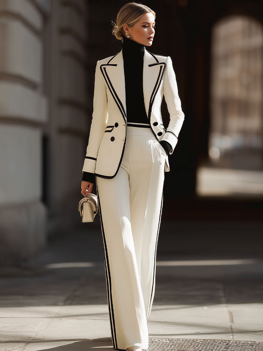 White Contrast - Trim Double - Breasted Suit Set | Elegant Women's Dress