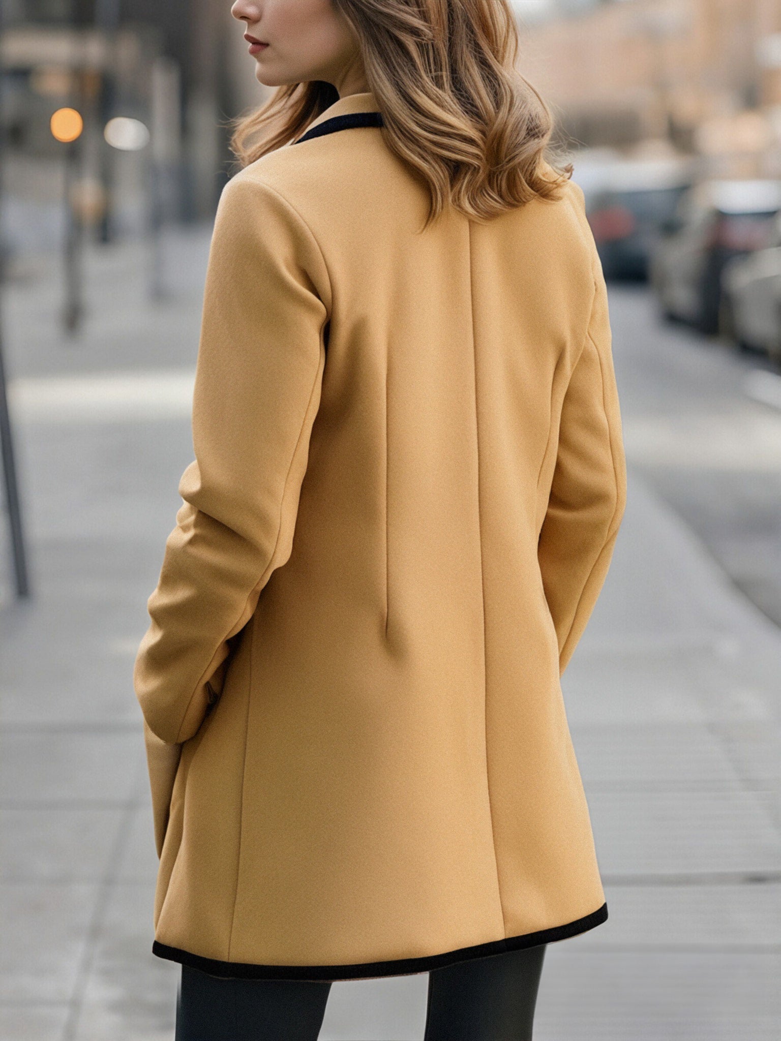 Chic Double-Breasted White Coat with Black Trim | Elegant Women's Dress