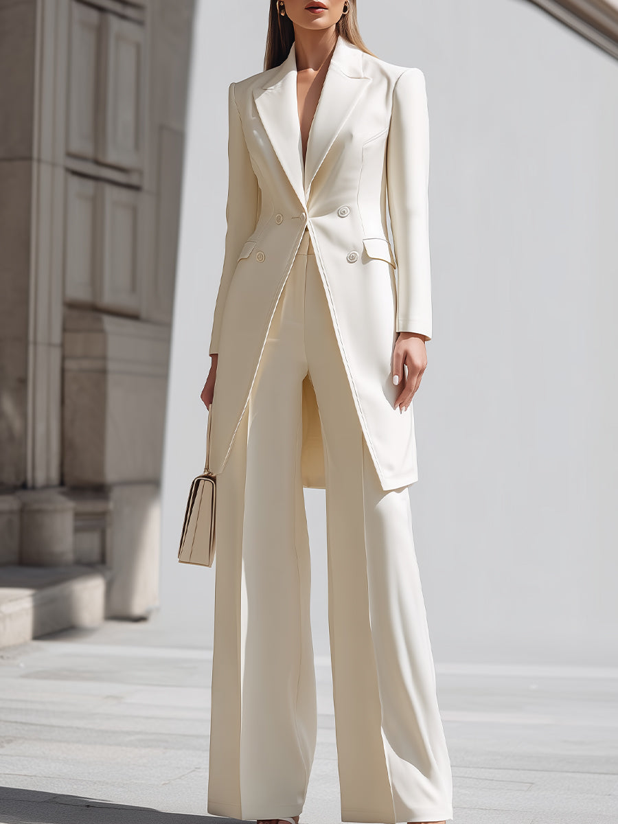 Elegant Cream Longline Blazer And Wide - Leg Pants Set | Elegant Women's Dress