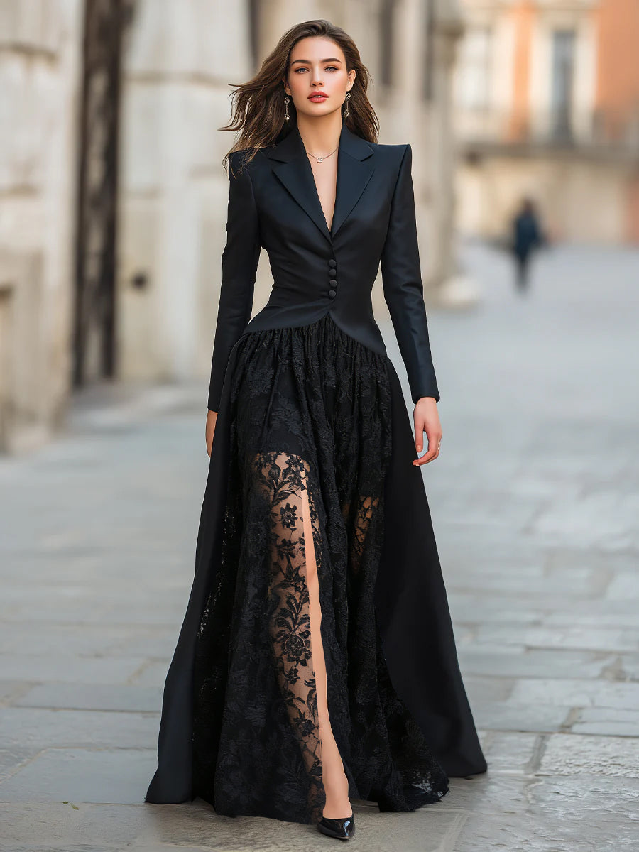 Elegant Tailored Blazer Panel Lace Gown Set | Elegant Women's Dress