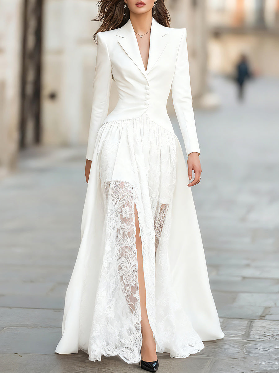 Elegant Tailored Blazer Panel Lace Gown Set | Elegant Women's Dress