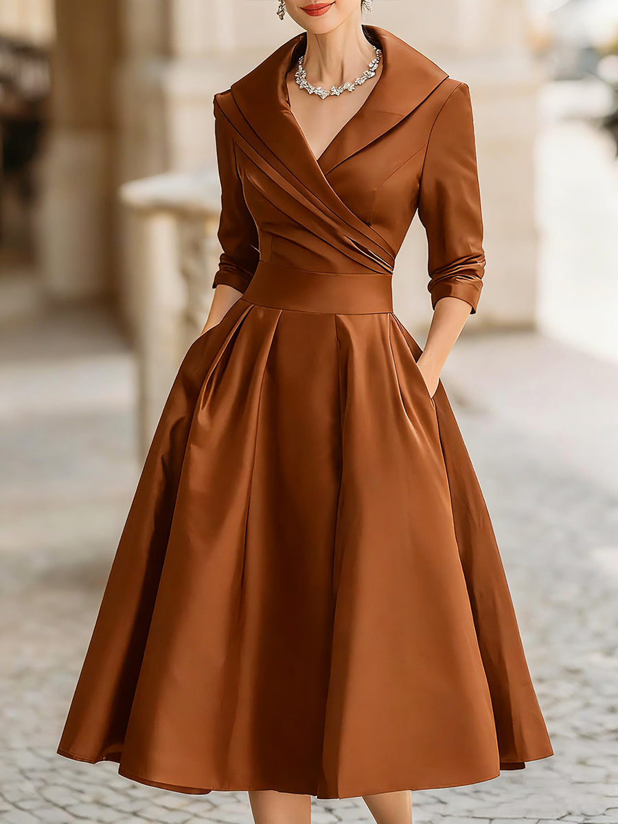 Vintage-Inspired Satin Midi Dress With Draped Collar | Elegant Women's Dress