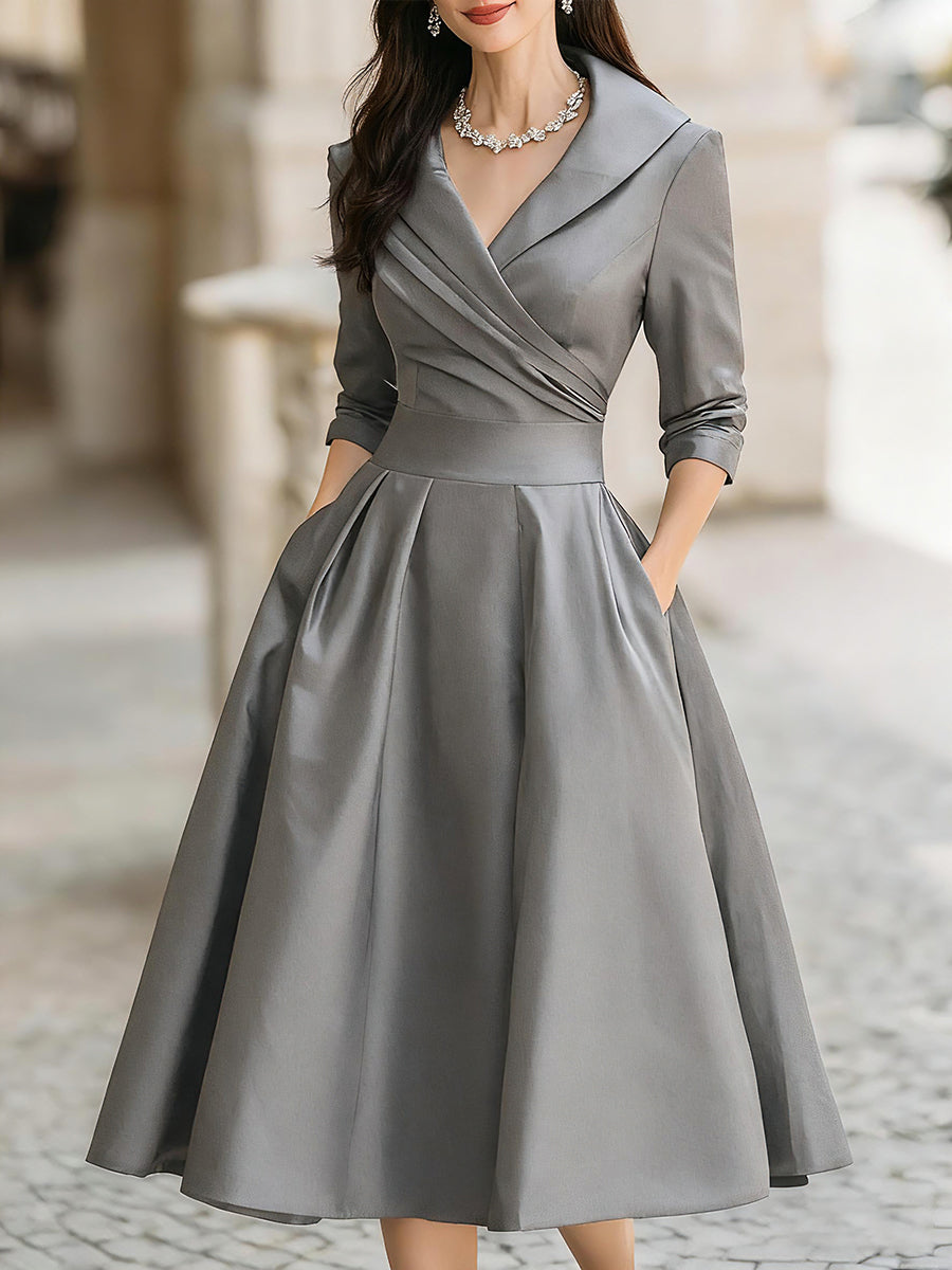 Vintage-Inspired Satin Midi Dress With Draped Collar | Elegant Women's Dress
