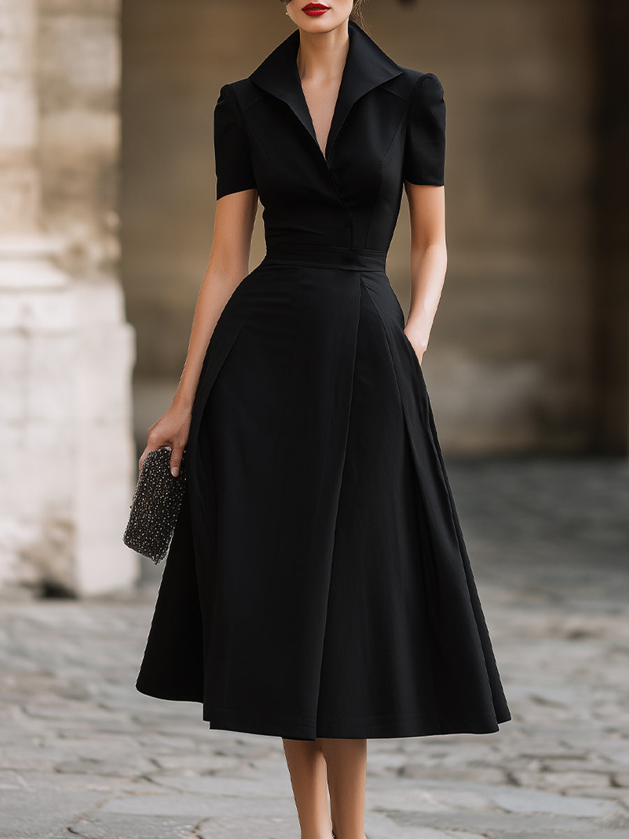 Short-Sleeve Notched Collar Midi Dress | Elegant Women's Dress