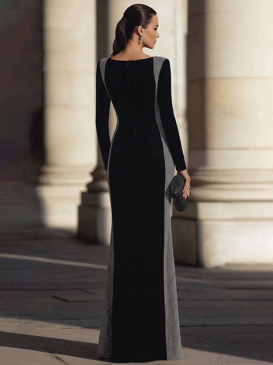 Square-Neck Long Sleeve Evening Gown With Embellished Contour Panels | Elegant Women's Dress