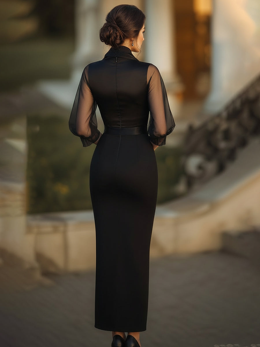 Sheer-Drape Waist-Tie Evening Dress | Elegant Women's Dress