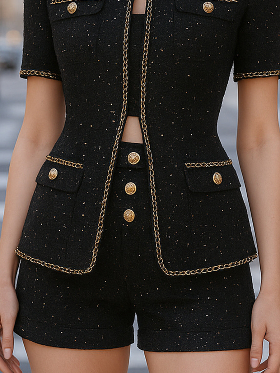 Elegant Tweed Shorts Set With Gold Chain Trim (Top And Shorts Only) | Elegant Women's Dress