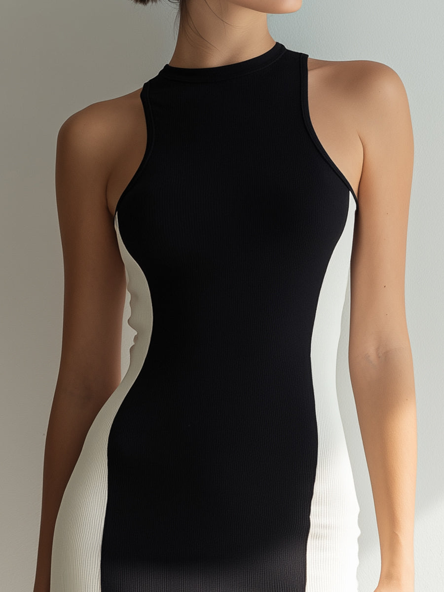 Black & Ivory Color-Block Sleeveless Bodycon Mini Dress | Elegant Women's Dress