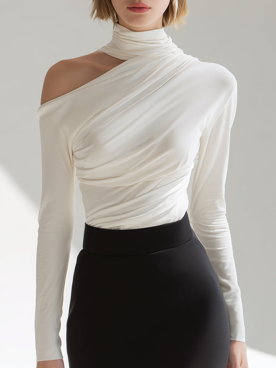 Asymmetric Draped High-Neck Long Sleeve Top | Elegant Women's Dress