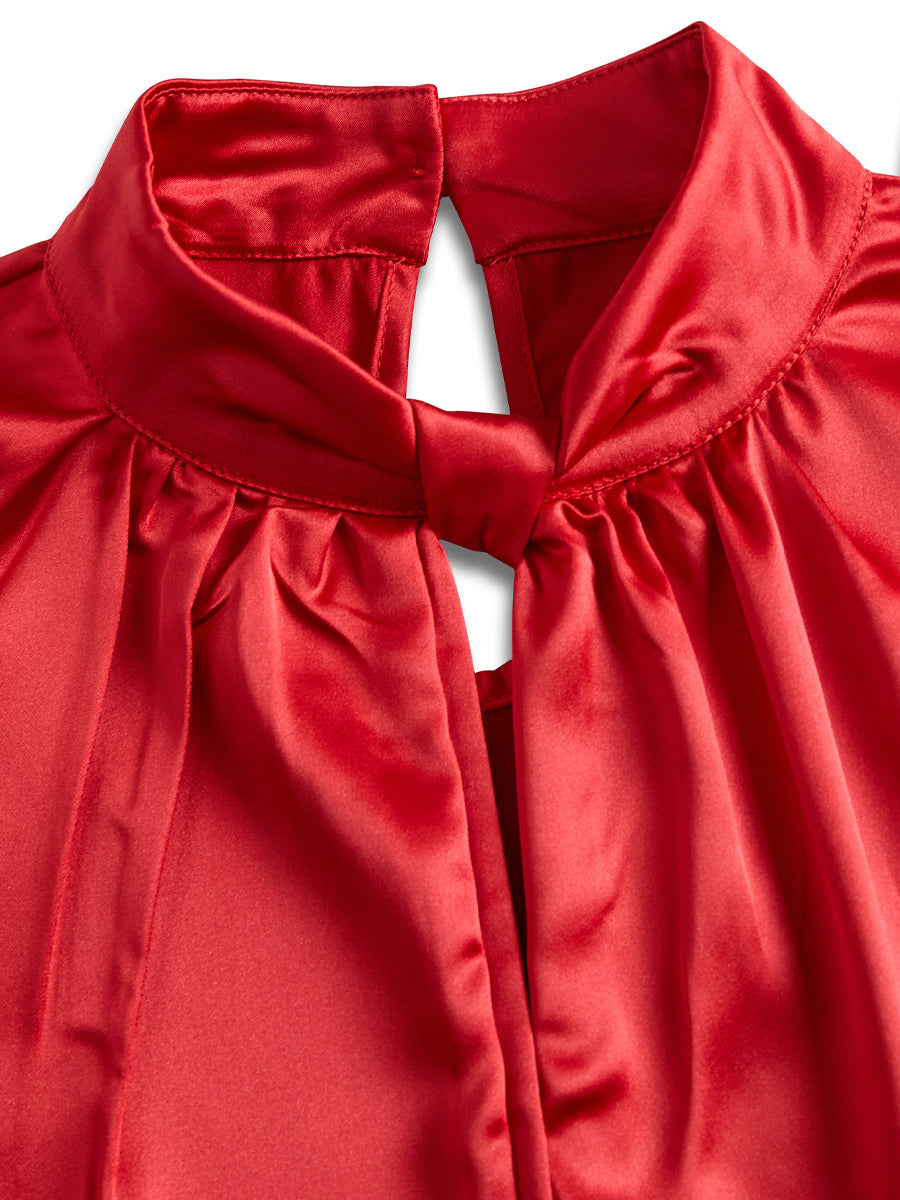 Sophisticated White Satin Blouse with Modern Keyhole Neckline | Elegant Women's Dress