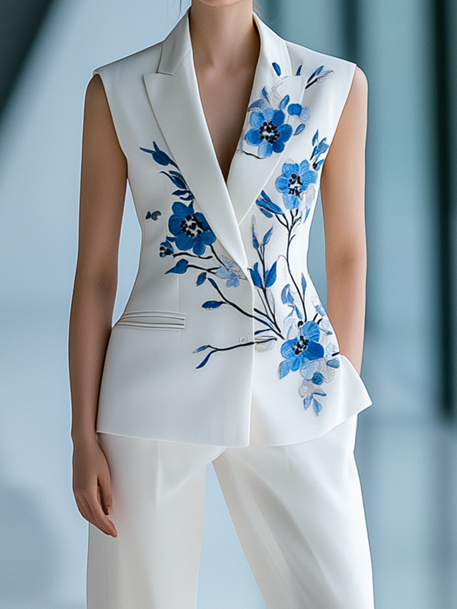Urban Sleeveless Floral Printed Blazer and Trousers Set | Elegant Women's Dress