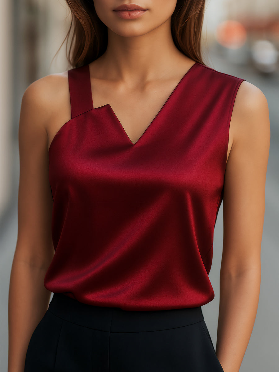 Sleek Asymmetrical Neck Satin Blouse | Elegant Women's Dress