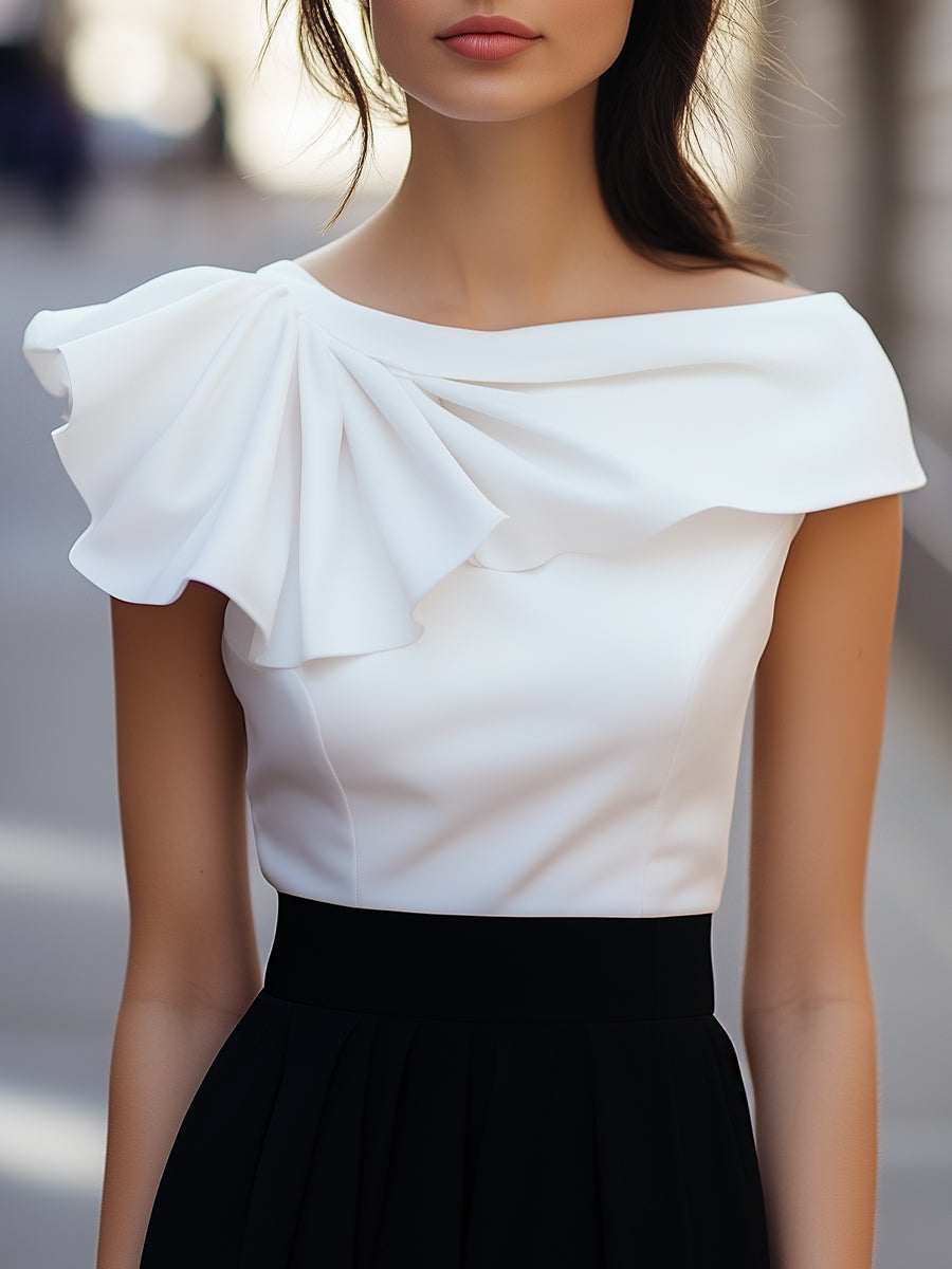 Chic Asymmetric Ruffle Blouse with Boat Neck | Elegant Women's Dress