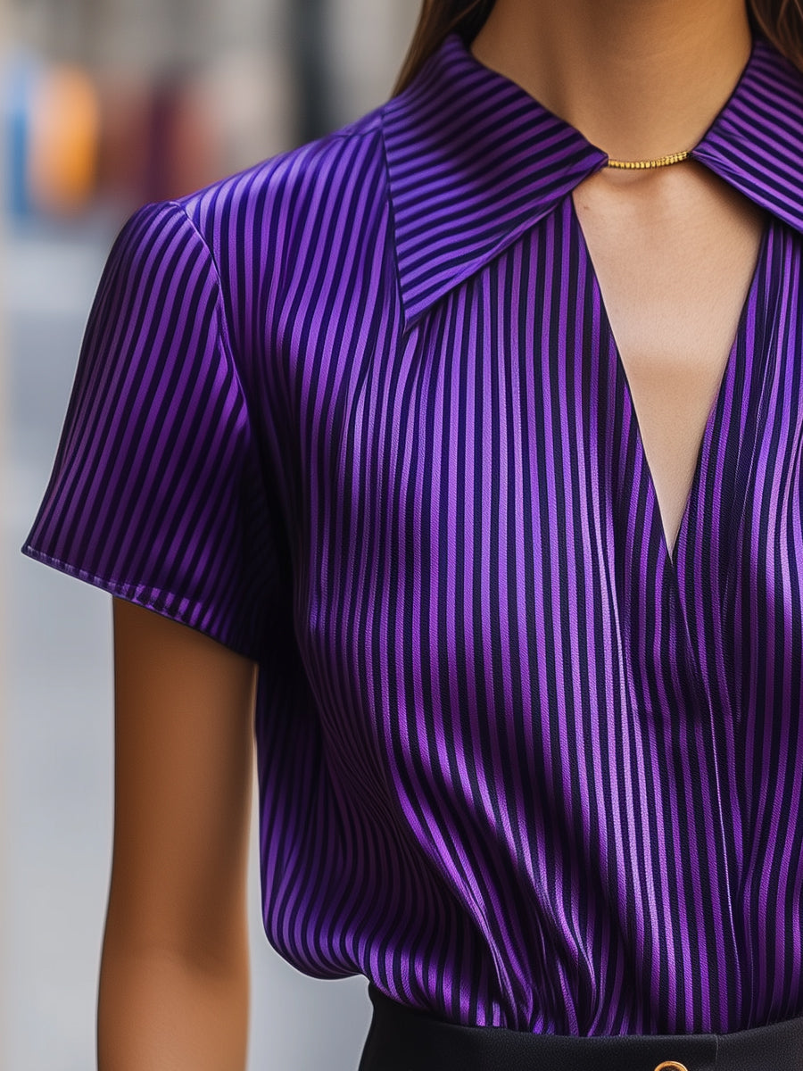 Satin Stripe Short-Sleeve Glossy Blouse with Wide Collar | Elegant Women's Dress