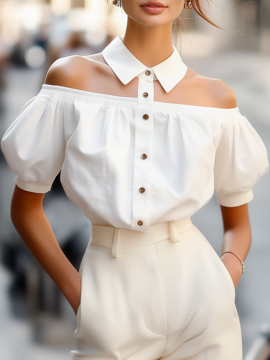 Chic Off-Shoulder Button-Up Blouse with Statement Collar | Elegant Women's Dress