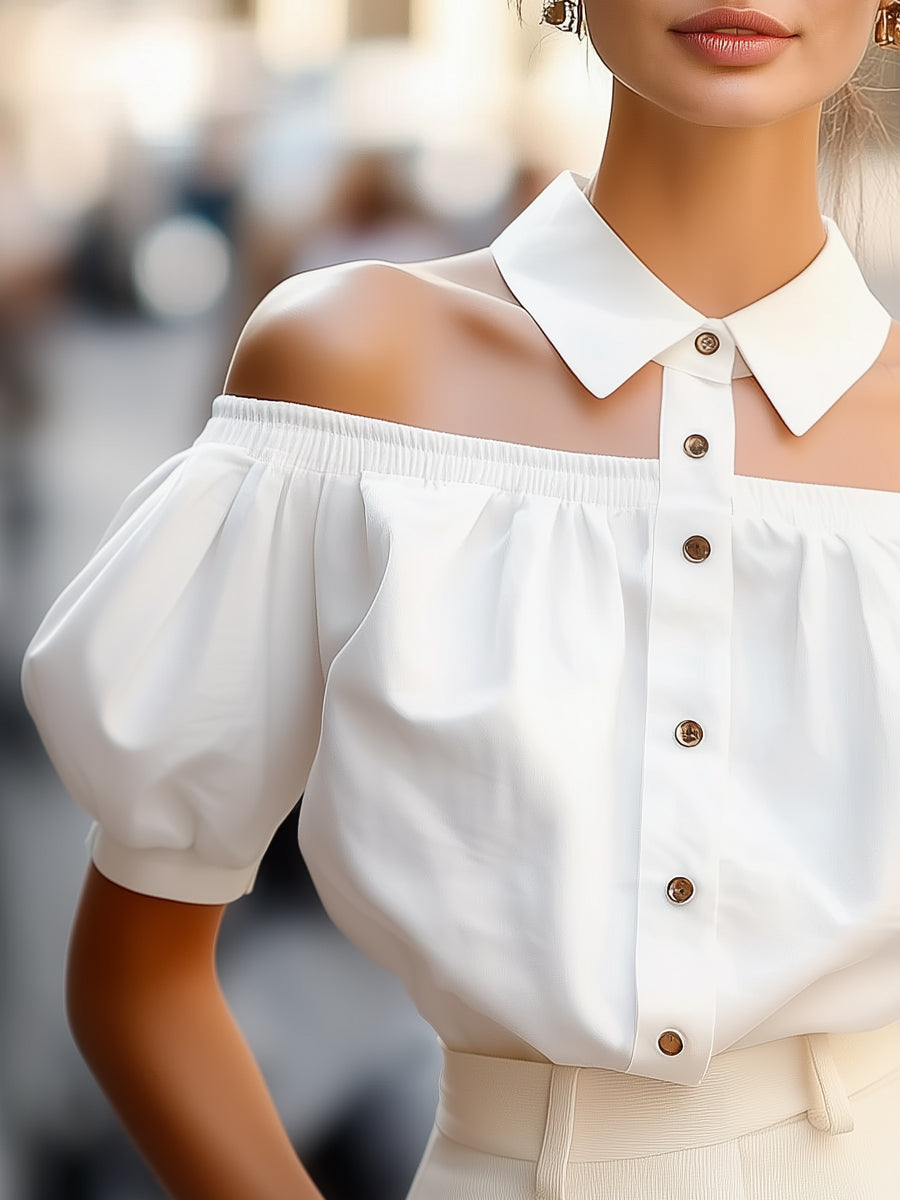 Chic Off-Shoulder Button-Up Blouse with Statement Collar | Elegant Women's Dress
