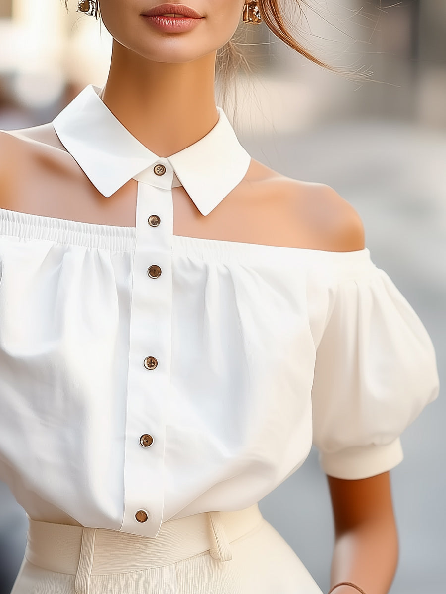 Chic Off-Shoulder Button-Up Blouse with Statement Collar | Elegant Women's Dress