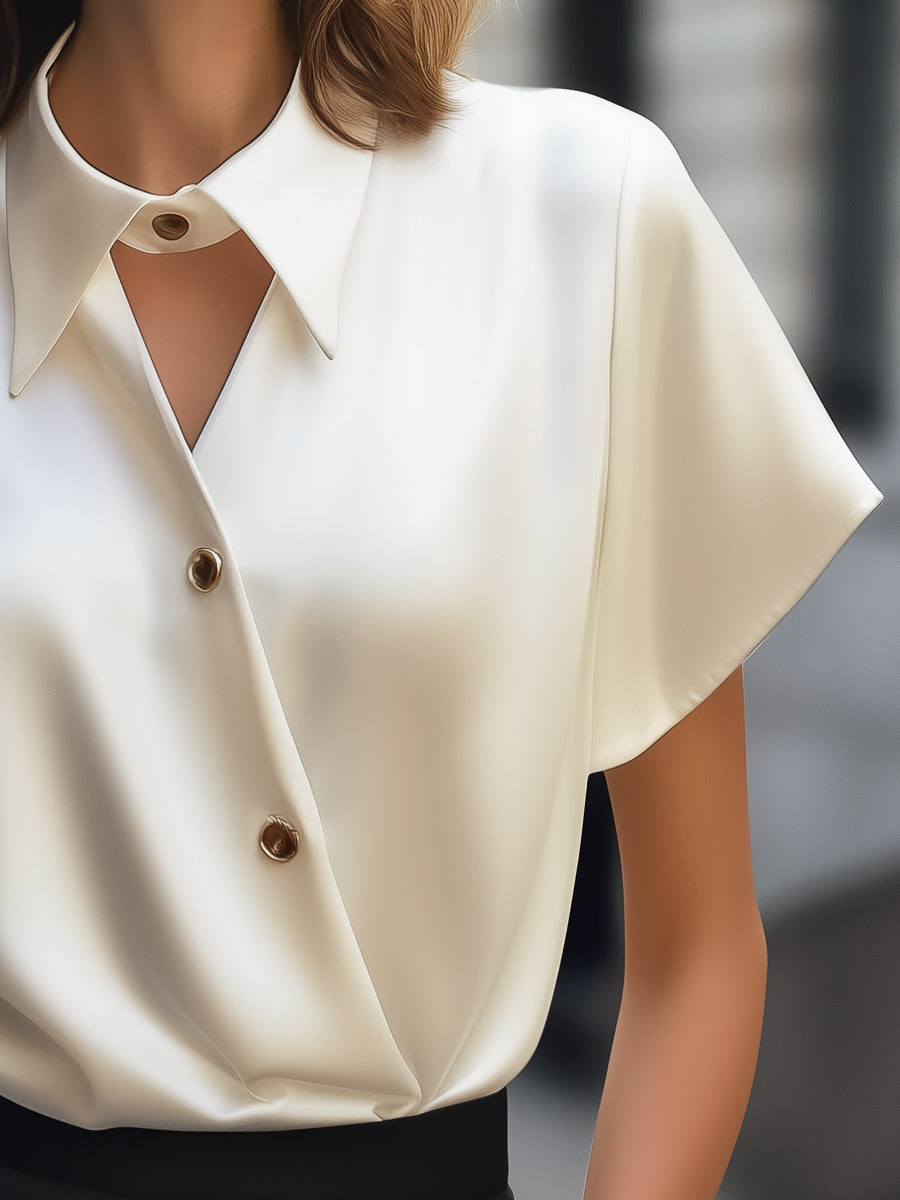 Asymmetric Buttoned Satin Blouse with Cutout Collar Detail | Elegant Women's Dress