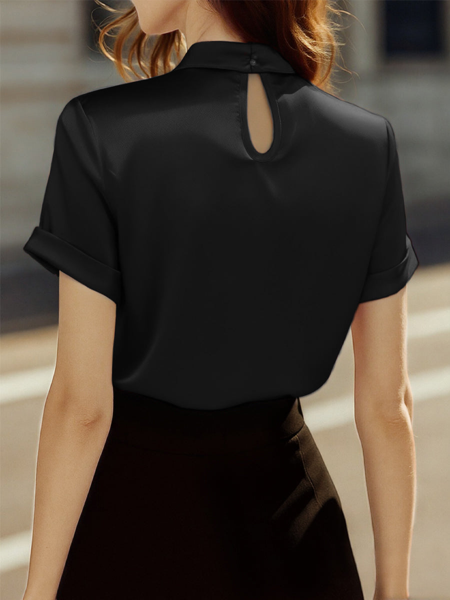 Sophisticated White Satin Blouse with Modern Keyhole Neckline | Elegant Women's Dress