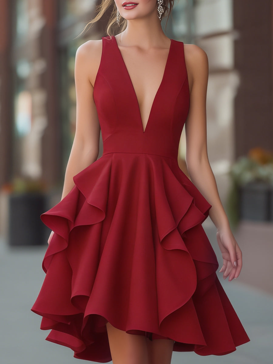 Sleeveless Ruffled V-Neck A-Line Dress | Elegant Women's Dress