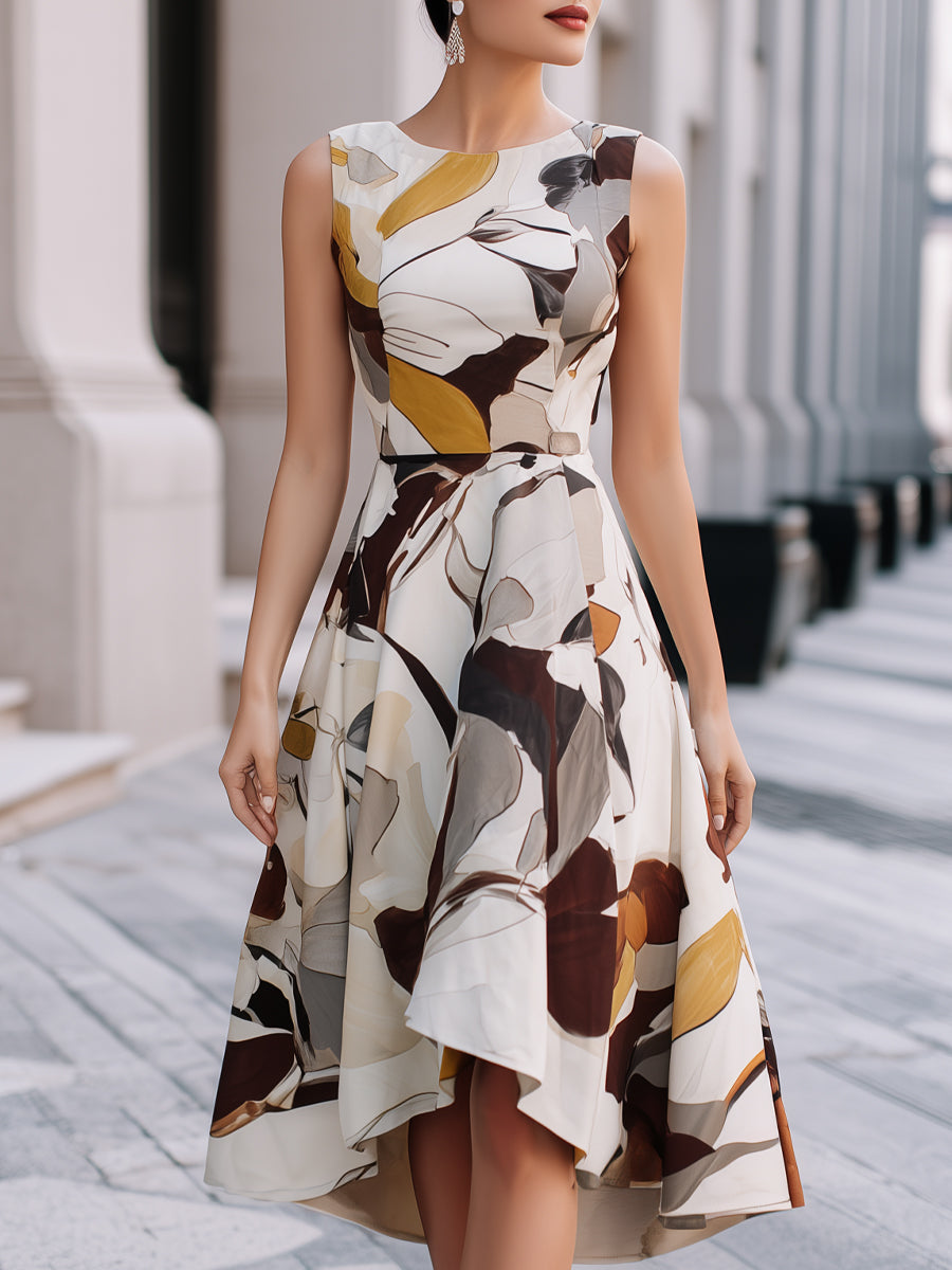 Abstract Floral Sleeveless Fit & Flare Midi Dress | Elegant Women's Dress