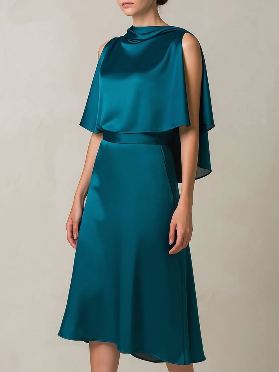 Teal Draped Cape-Sleeve Midi Dress | Elegant Women's Dress