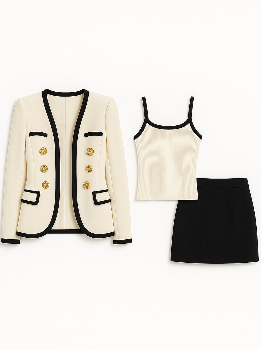 Three-Piece Set Contrast Trim Gold-Button Blazer Suit Set | Elegant Women's Dress