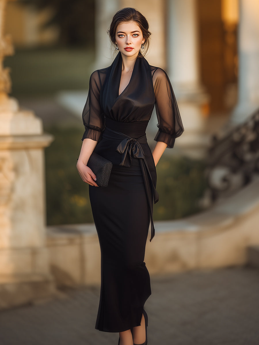 Sheer-Drape Waist-Tie Evening Dress | Elegant Women's Dress