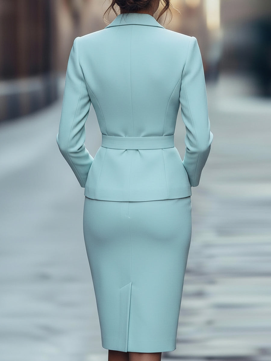 Light Blue Belted Blazer & Pencil Skirt Set | Elegant Women's Dress