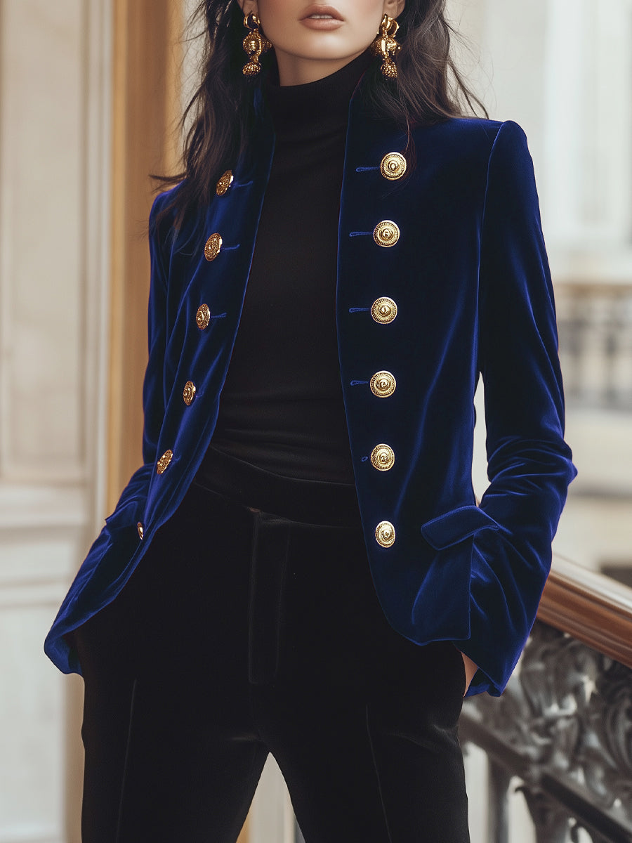 Chic Velvet Jacket with Bold Gold Accents | Elegant Women's Dress