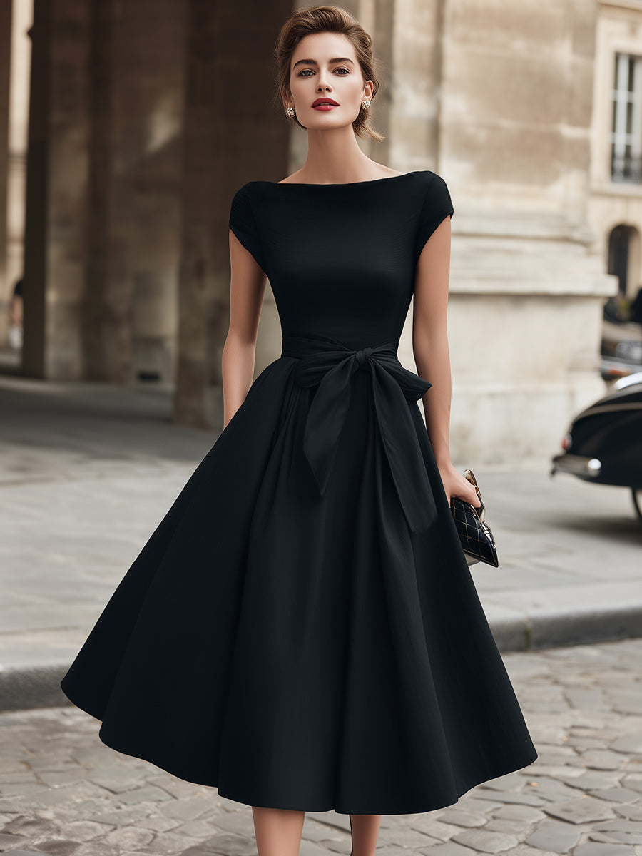 Cap-Sleeve Bow-Waist Midi Dress | Elegant Women's Dress