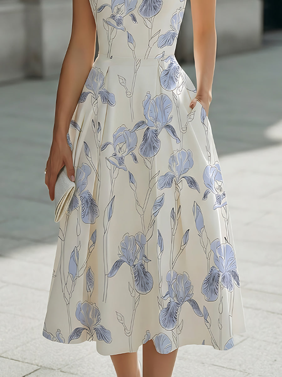 Sleeveless Botanical Print Fit-and-Flare Midi Dress | Elegant Women's Dress