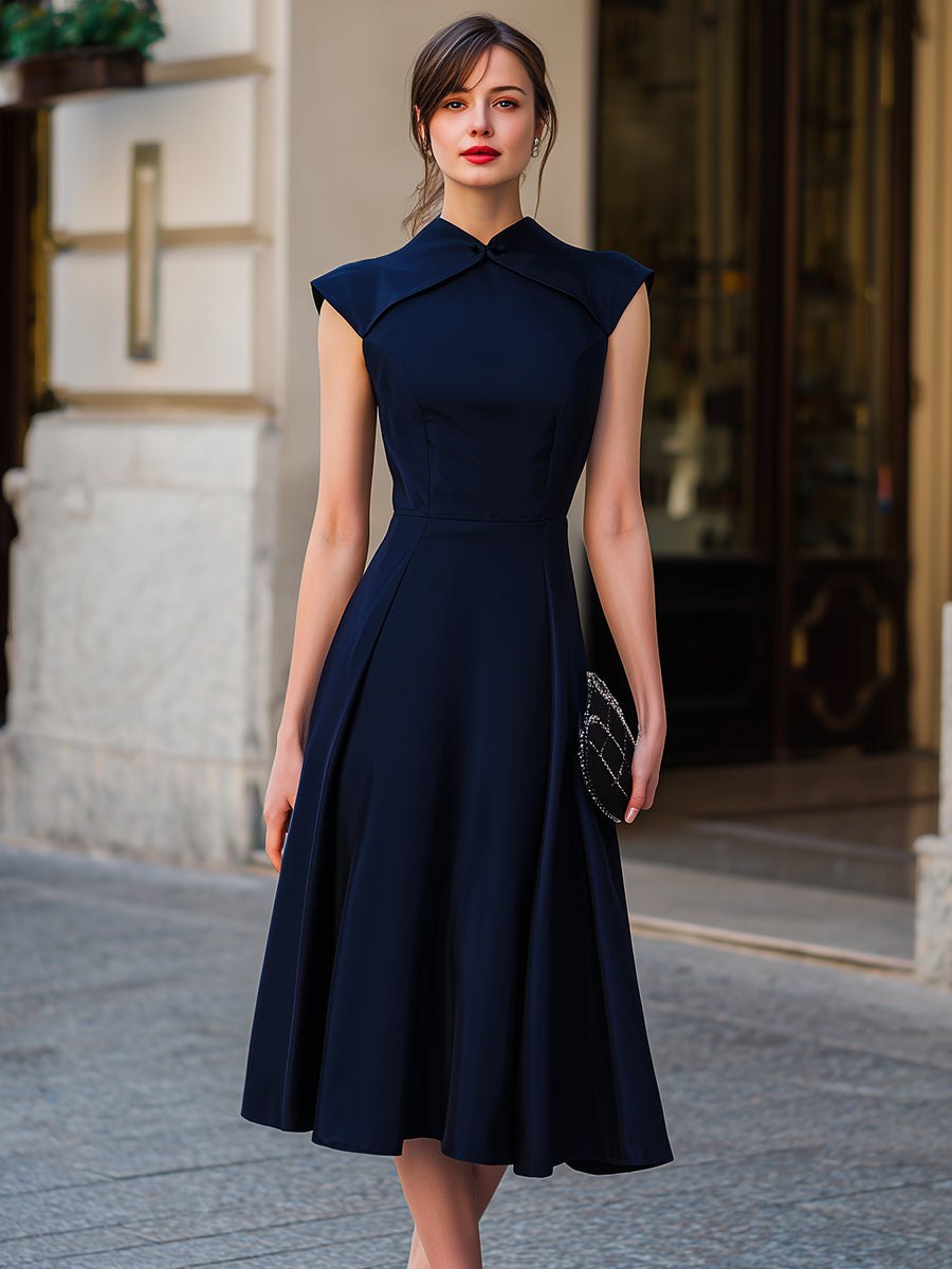 Structured Cap-Sleeve A-Line Midi Dress | Elegant Women's Dress