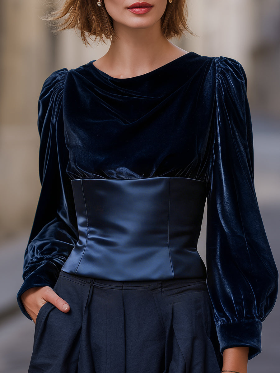 Velvet Draped Long-Sleeve Top With Sculpted Waist | Elegant Women's Dress