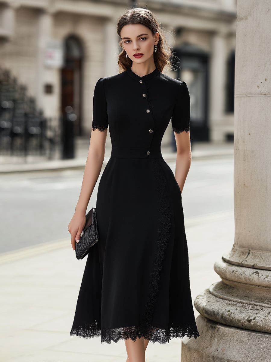 Button-Front Lace-Trim Midi Dress | Elegant Women's Dress