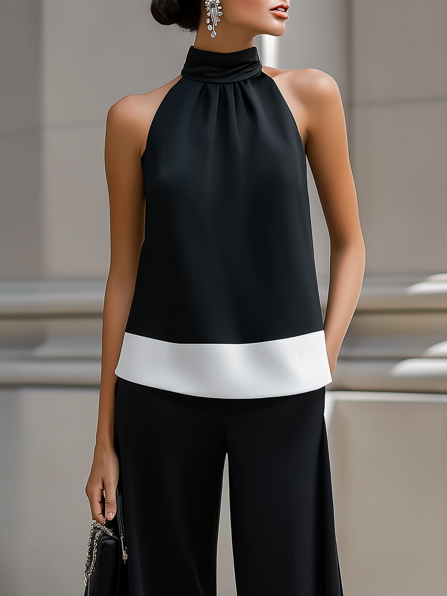 Contrast Hem Halter Neck Blouse & Wide-Leg Pants Set | Elegant Women's Dress