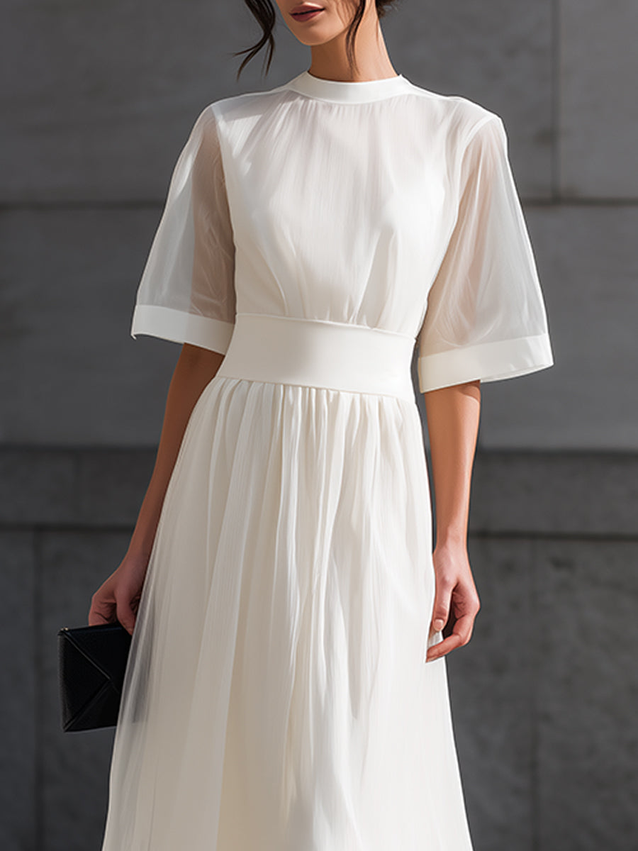 Sheer Sleeve Waist-Defined Midi Dress | Elegant Women's Dress
