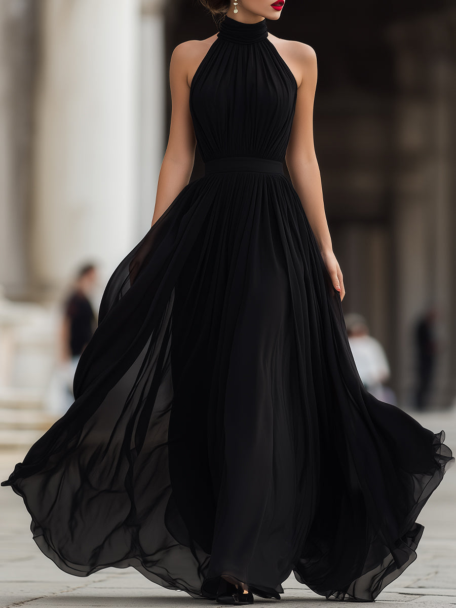 Black Halter Neck Pleated Chiffon Maxi Dress | Elegant Women's Dress