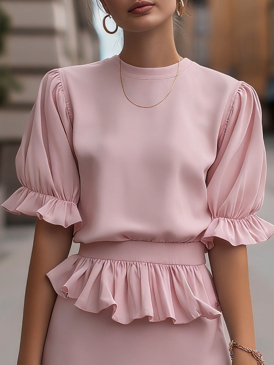 Ruffled Waist Puff Sleeve Midi Dress | Elegant Women's Dress