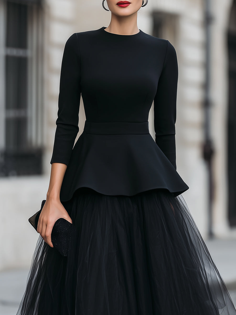 Structured Peplum Top and Layered Midi Skirt Set | Elegant Women's Dress