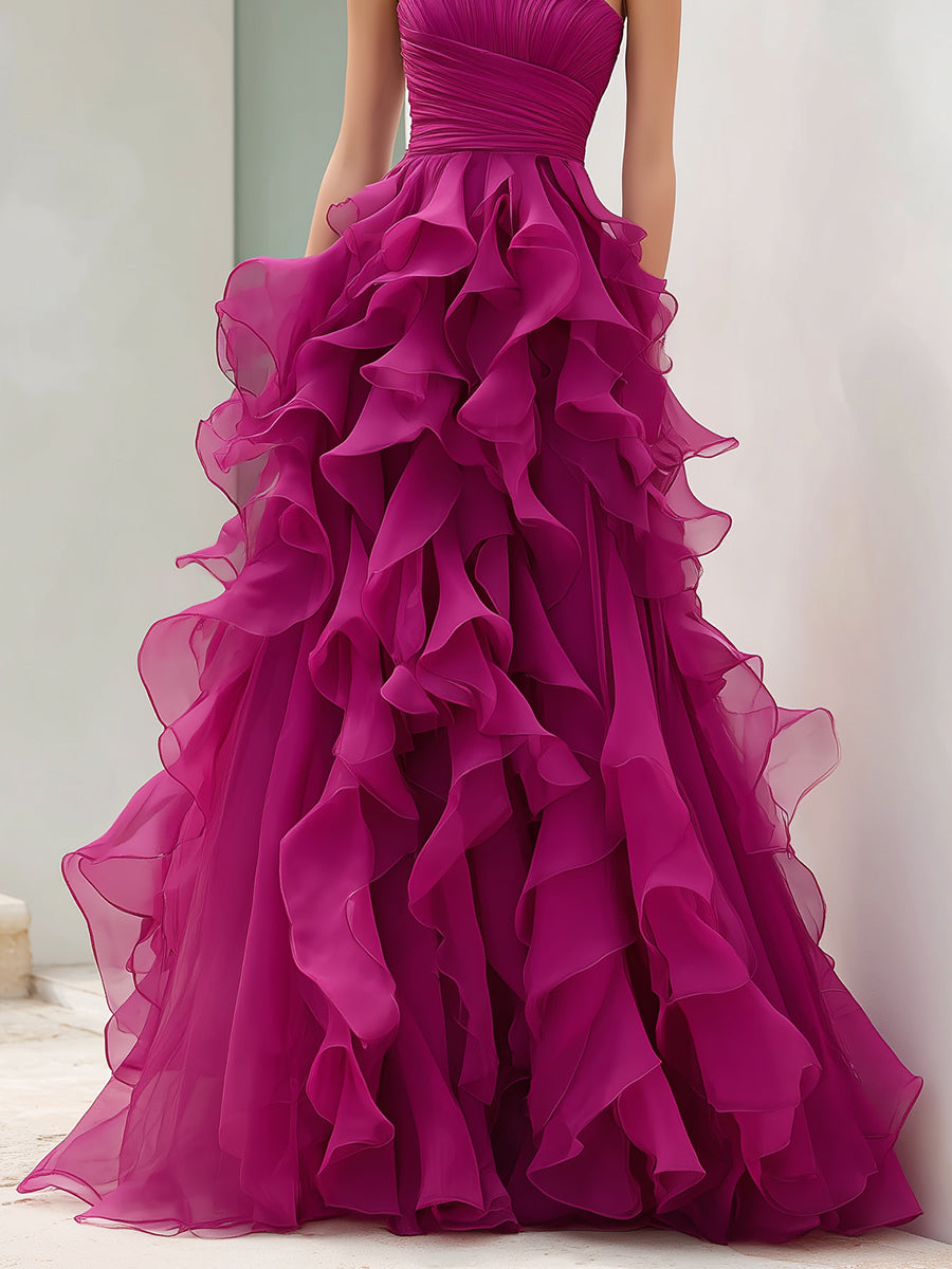 Strapless Magenta Ruffled Ball Gown | Elegant Women's Dress