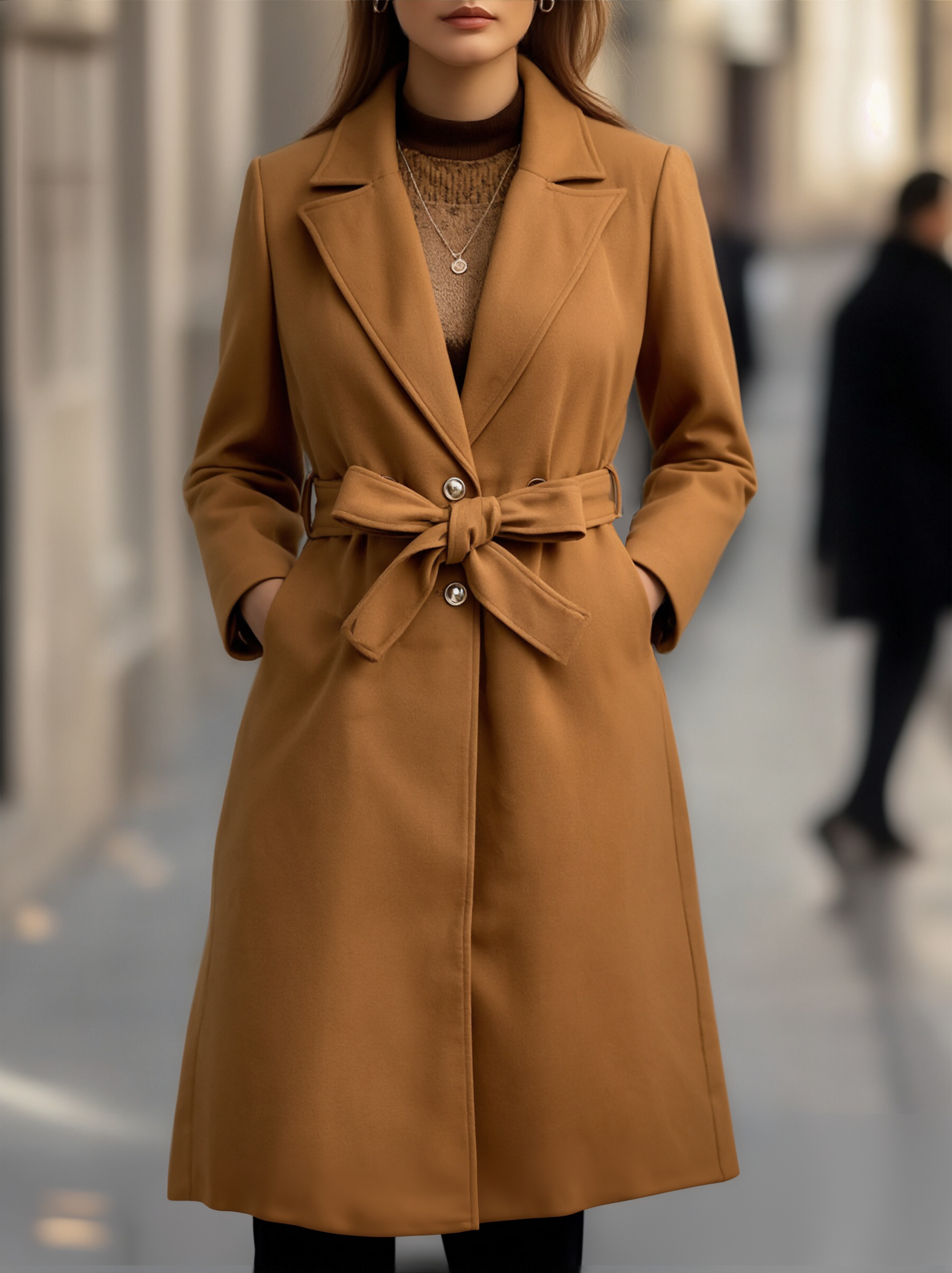 Classic Camel Wool Trench Coat with Belted Silhouette | Elegant Women's Dress