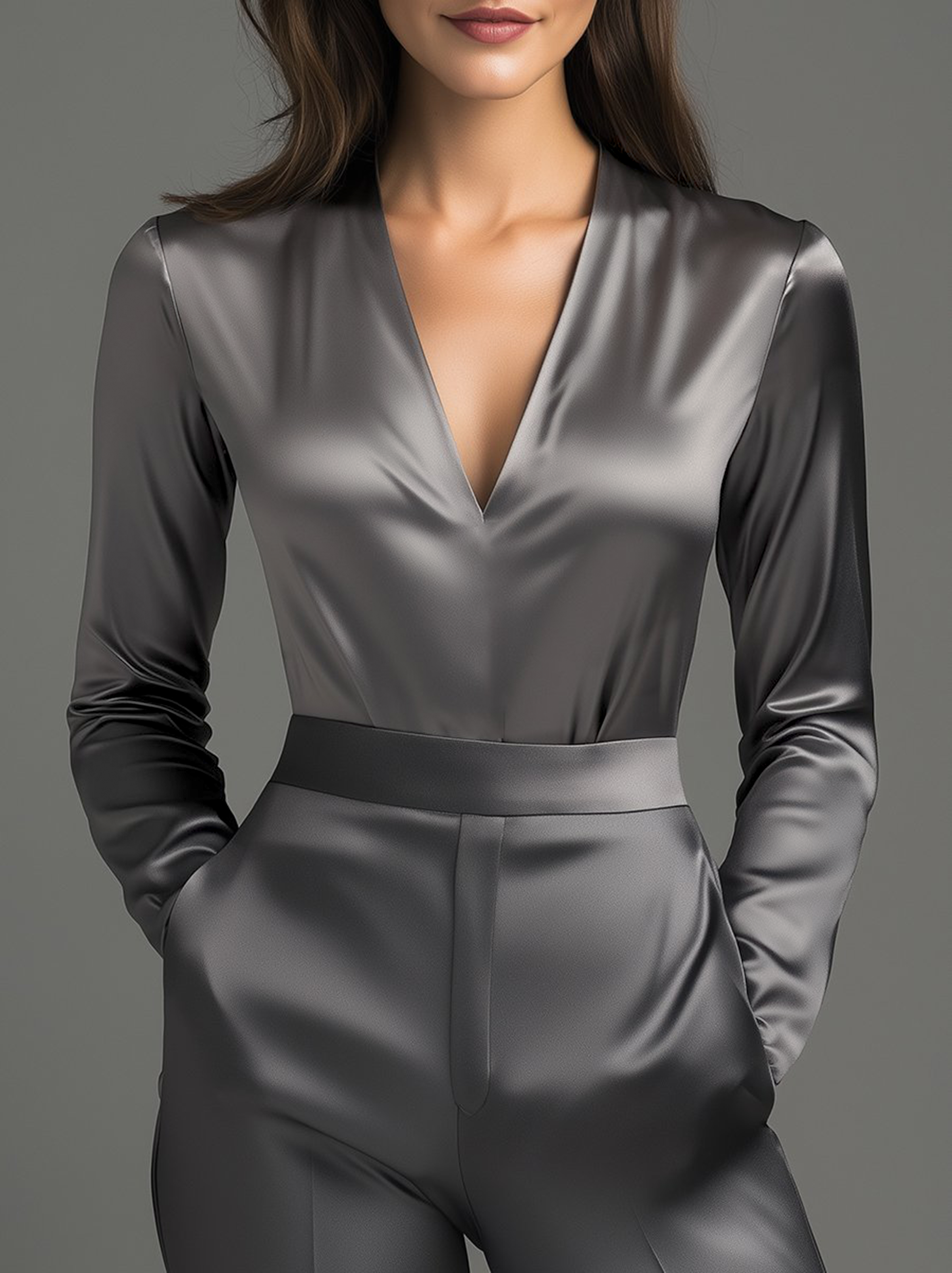 Charcoal Grey Satin Blouse with Subtle Tailored Fit | Elegant Women's Dress