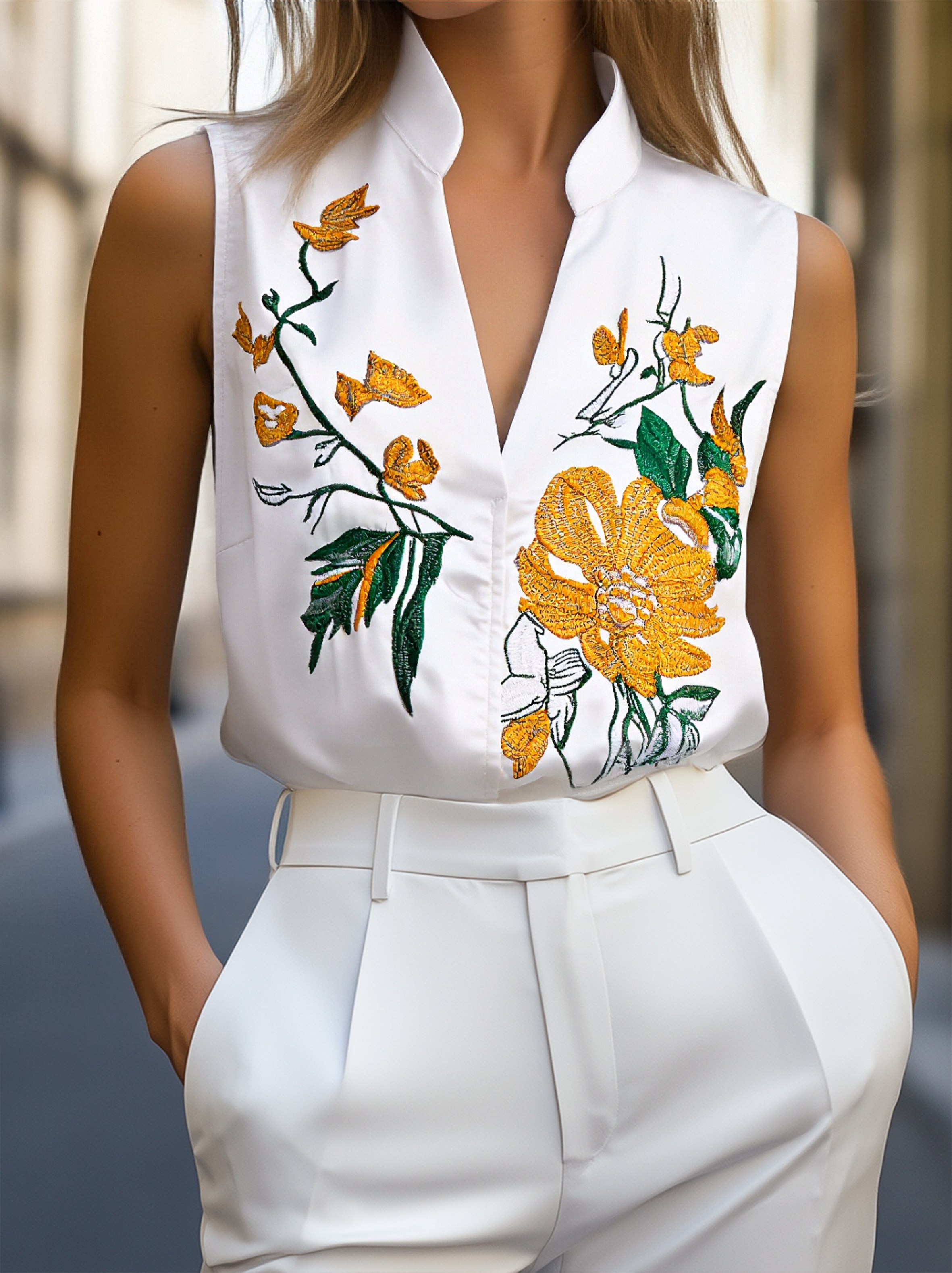 Sleeveless Blouse with Yellow Floral Embroidery | Elegant Women's Dress