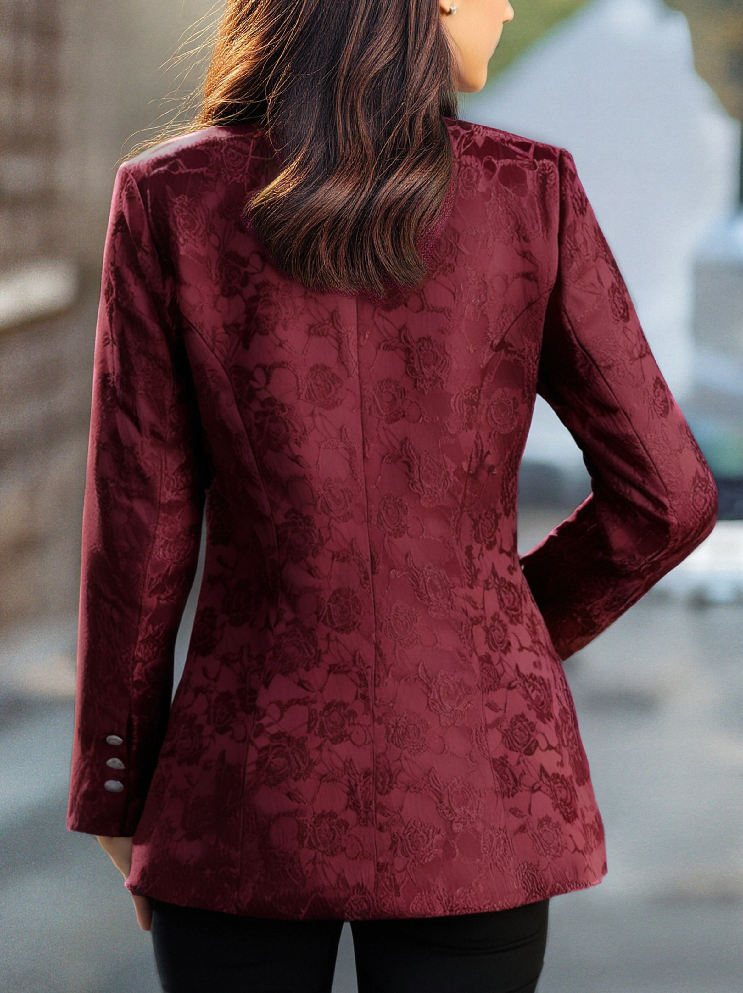 Burgundy Floral Jacquard Single-Breasted Blazer | Elegant Women's Dress